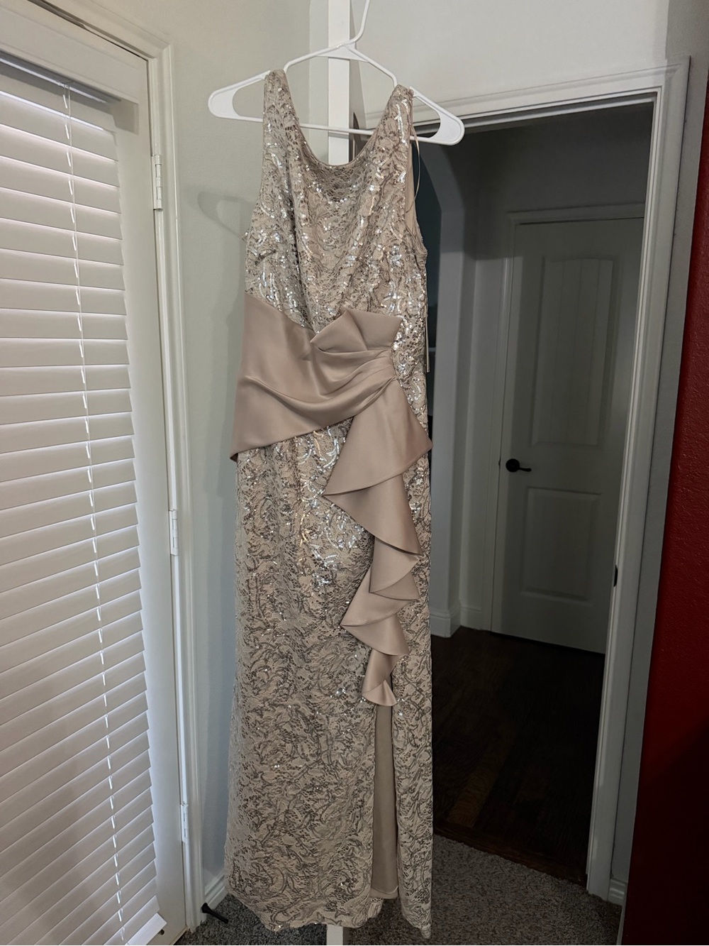 Eliza J Sequined Champagne Evening Gown with Draped Ruffle